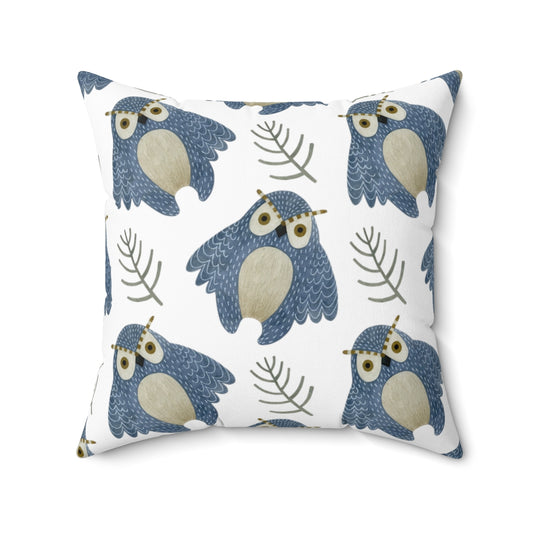 Cute Forest Owl Blue Spun Polyester Square Pillow