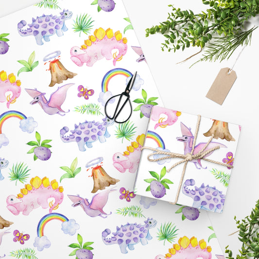 Baby Dino & Rainbows Pink Wrapping Paper