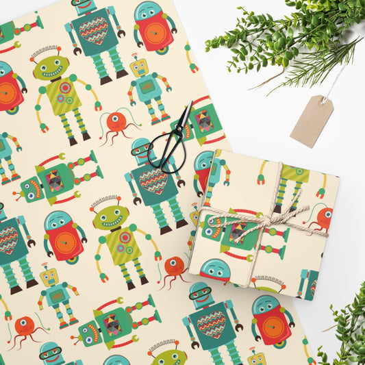 Retro Robots Seamless Pattern, Vintage Hipster Background Wrapping Paper