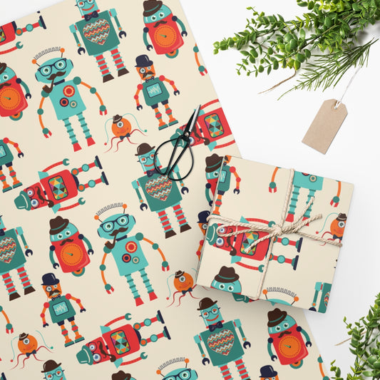 Retro Robots Seamless Pattern, Vintage Hipster Background Wrapping Paper