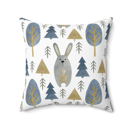 Bunny & Tree Forest Blue Spun Polyester Square Pillow