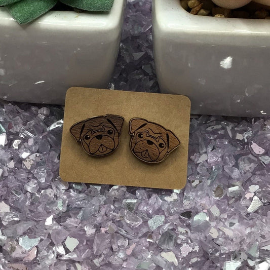 Pug Stud Wood Earrings