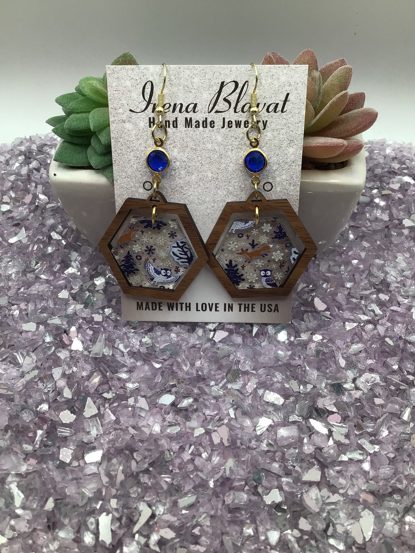 Winter Woodland Acrylic with Walnut Wood & Blue Glass Rhinestone