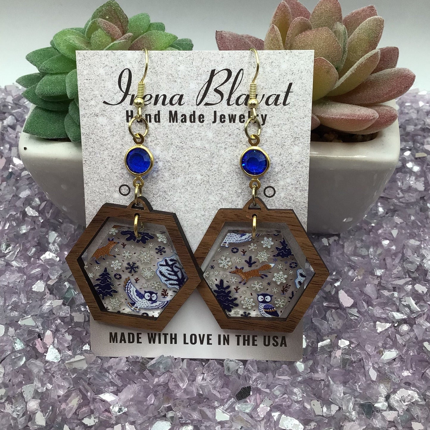 Winter Woodland Acrylic with Walnut Wood & Blue Glass Rhinestone