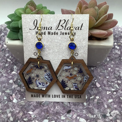 Winter Woodland Acrylic with Walnut Wood & Blue Glass Rhinestone