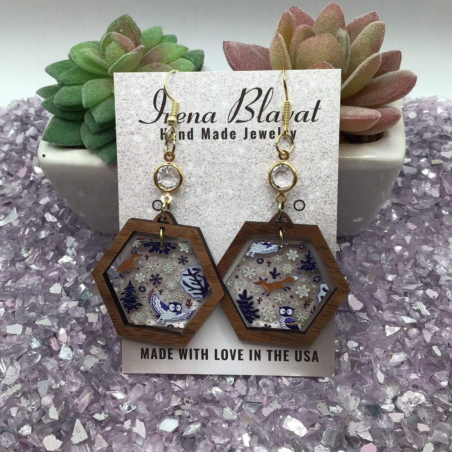 Winter Woodland Acrylic with Walnut Wood & White Glass Rhinestone