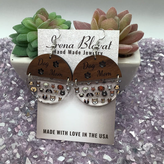 Dog Mom Wood Earrings with Dog Acrylic