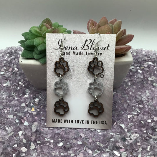 Paw Print Walnut Wood with Silver Paw Earrings