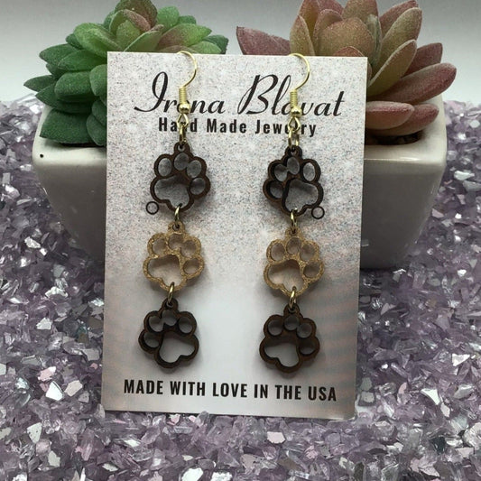 Paw Print Walnut Wood with Gold Paw Earrings