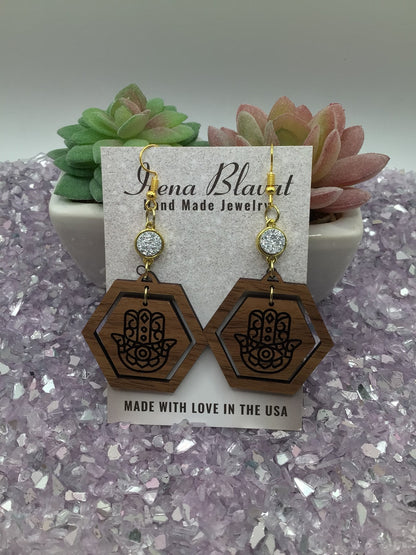 Hamsa Hand Wooden Earrings with White Druzy Crystal