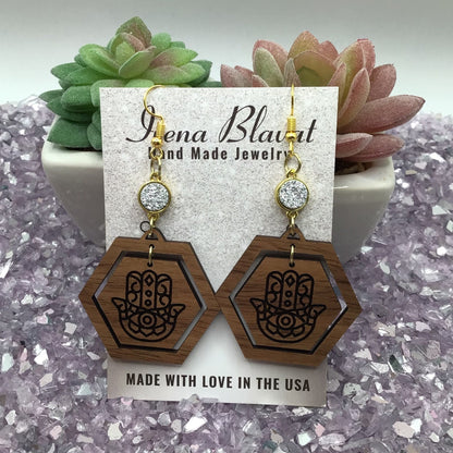 Hamsa Hand Wooden Earrings with White Druzy Crystal