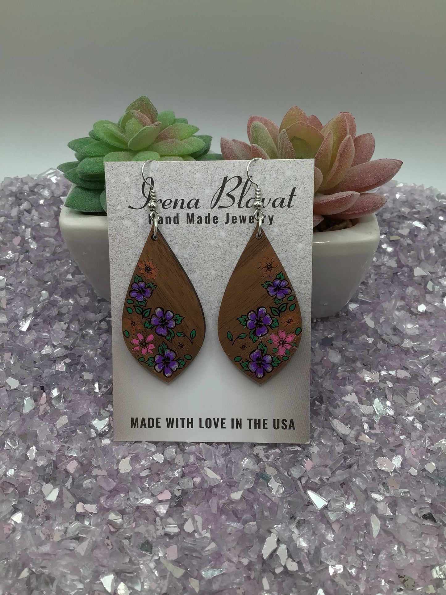Floral Drop Earrings, Wooden Hand Painted Earrings
