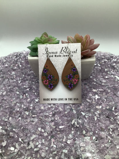 Floral Drop Earrings, Wooden Hand Painted Earrings