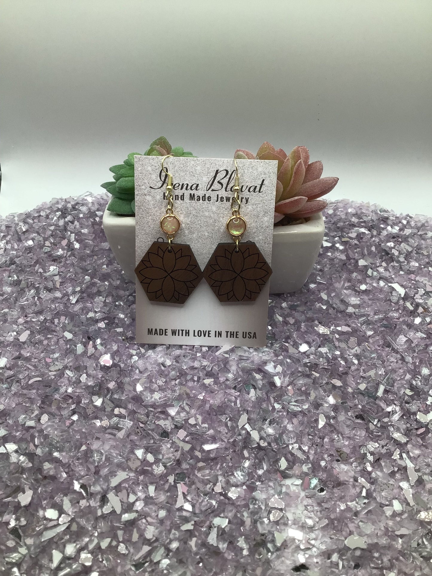 Hexagon Flower Wooden Earrings with Resin Light Pink Opal