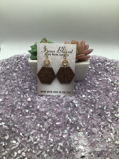 Hexagon Flower Wooden Earrings with Resin Light Pink Opal