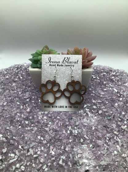 Dog Paw Wood Earrings