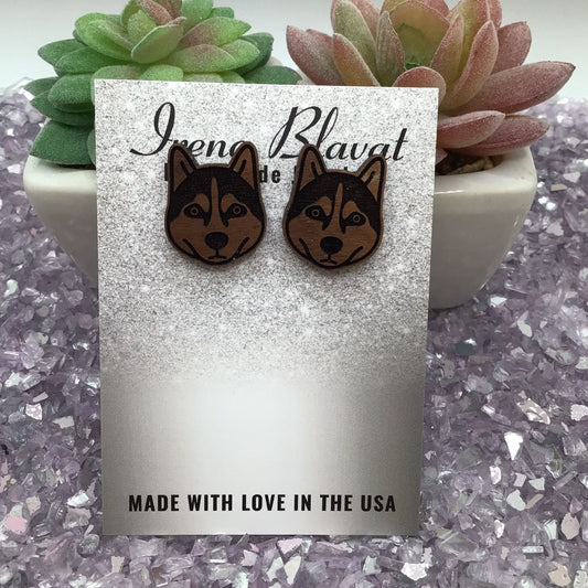 Husky Stud Wood Earrings