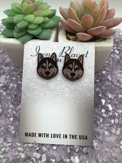 Husky Stud Wood Earrings