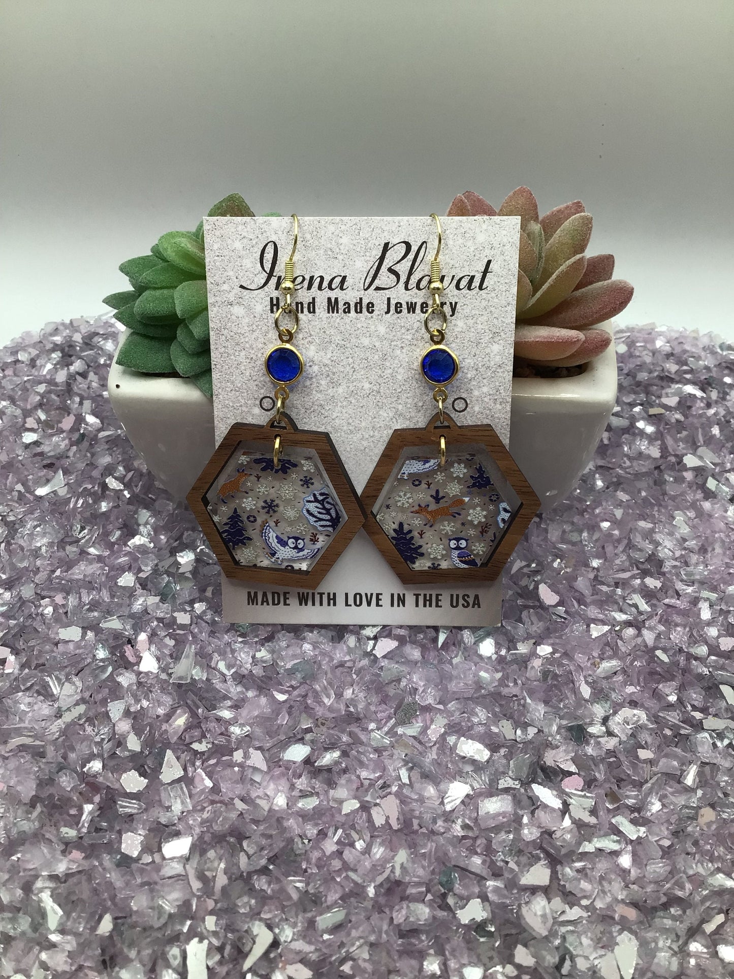 Winter Woodland Acrylic with Walnut Wood & Blue Glass Rhinestone