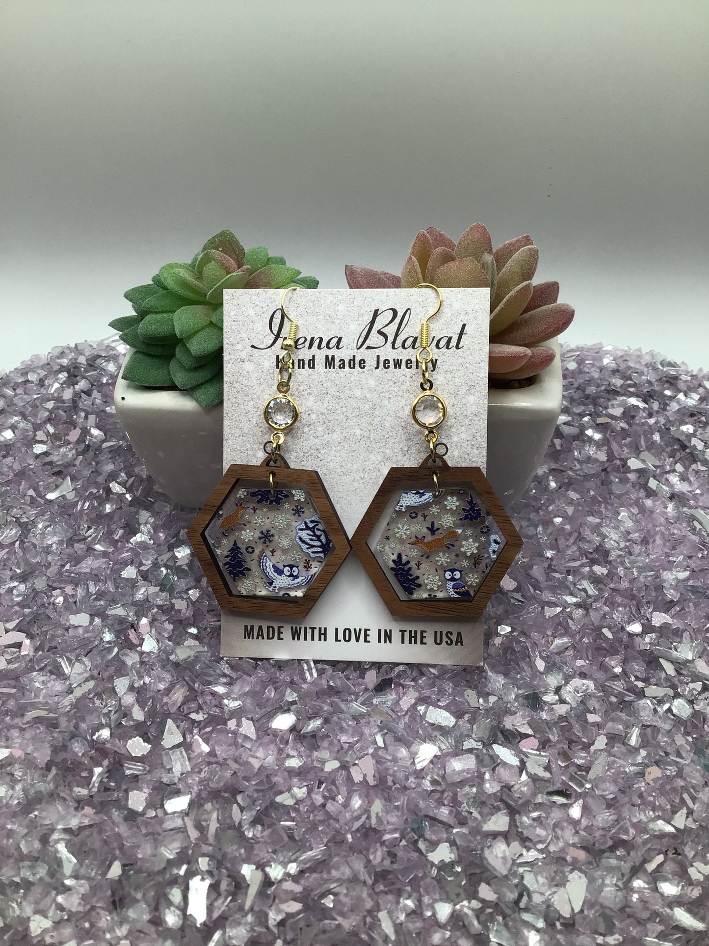 Winter Woodland Acrylic with Walnut Wood & White Glass Rhinestone