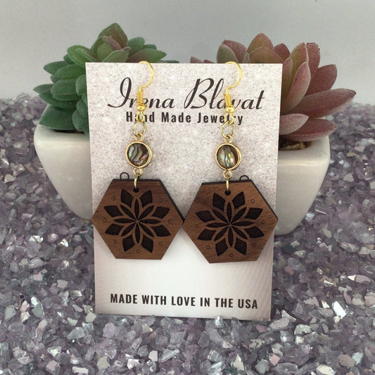 Hexagon Flower Wooden Earrings with Mother Of Pearl Crystal