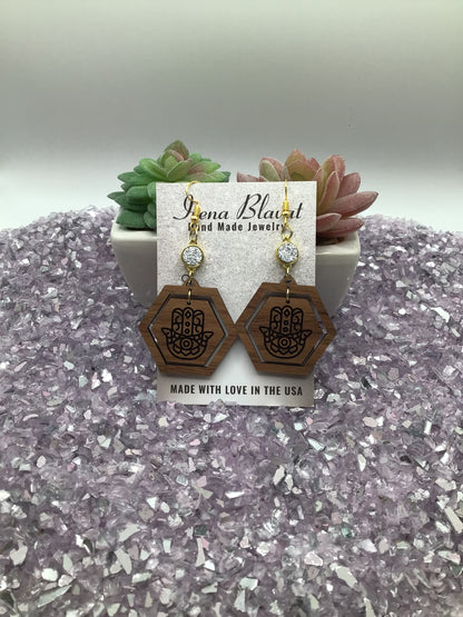 Hamsa Hand Wooden Earrings with White Druzy Crystal
