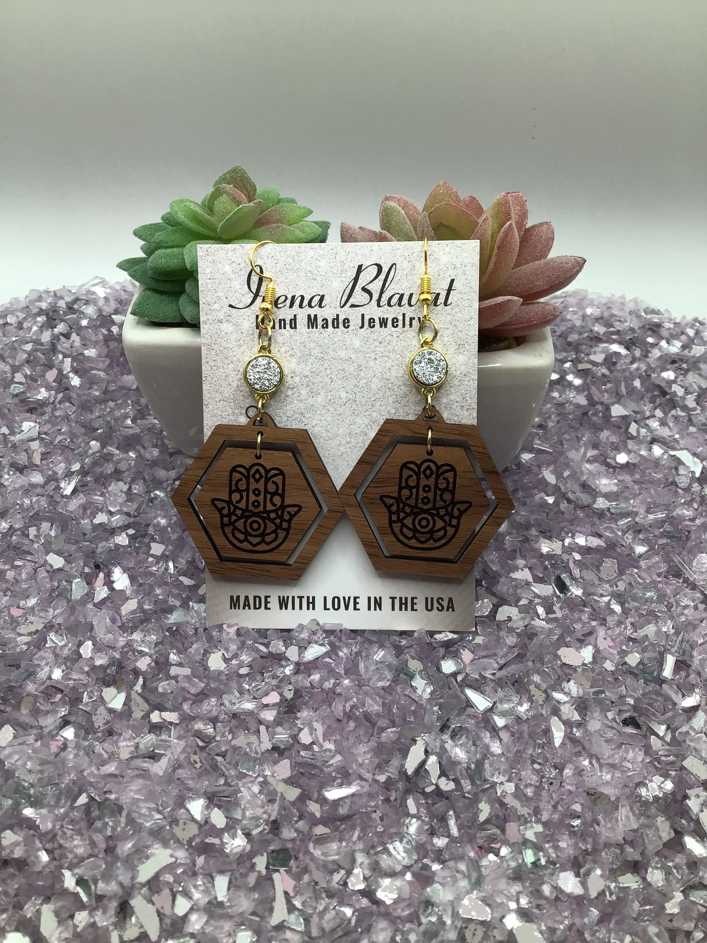 Hamsa Hand Wooden Earrings with White Druzy Crystal