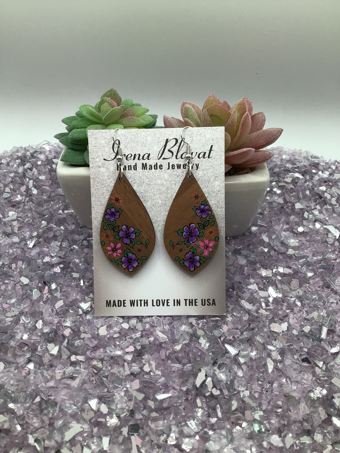Floral Drop Earrings, Wooden Hand Painted Earrings