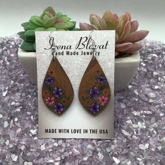 Floral Drop Earrings, Wooden Hand Painted Earrings