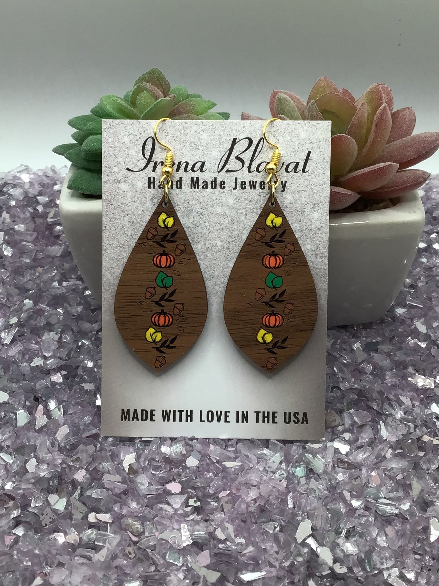 Pumpkin Fall Drop Earrings, Wooden Hand Painted
