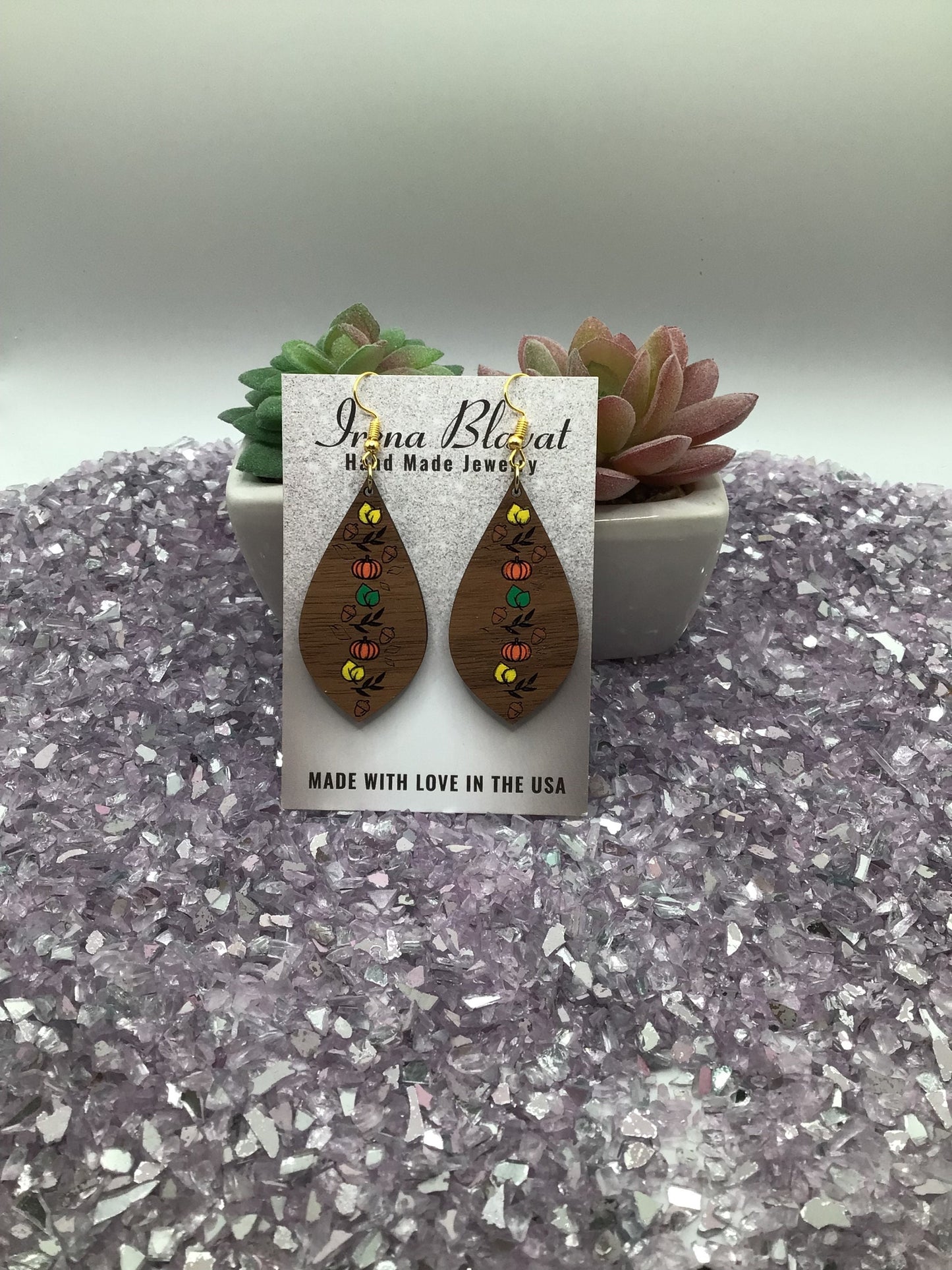 Pumpkin Fall Drop Earrings, Wooden Hand Painted