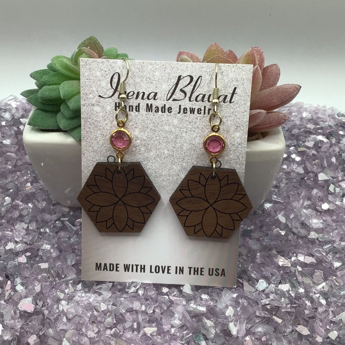 Hexagon Flower Wooden Earrings with Pink Crystal