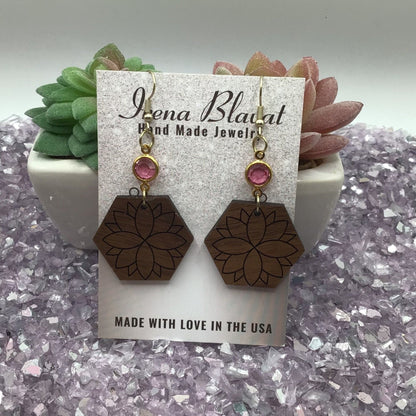 Hexagon Flower Wooden Earrings with Pink Crystal