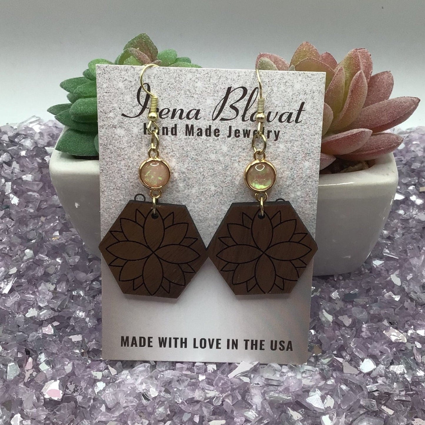 Hexagon Flower Wooden Earrings with Resin Light Pink Opal