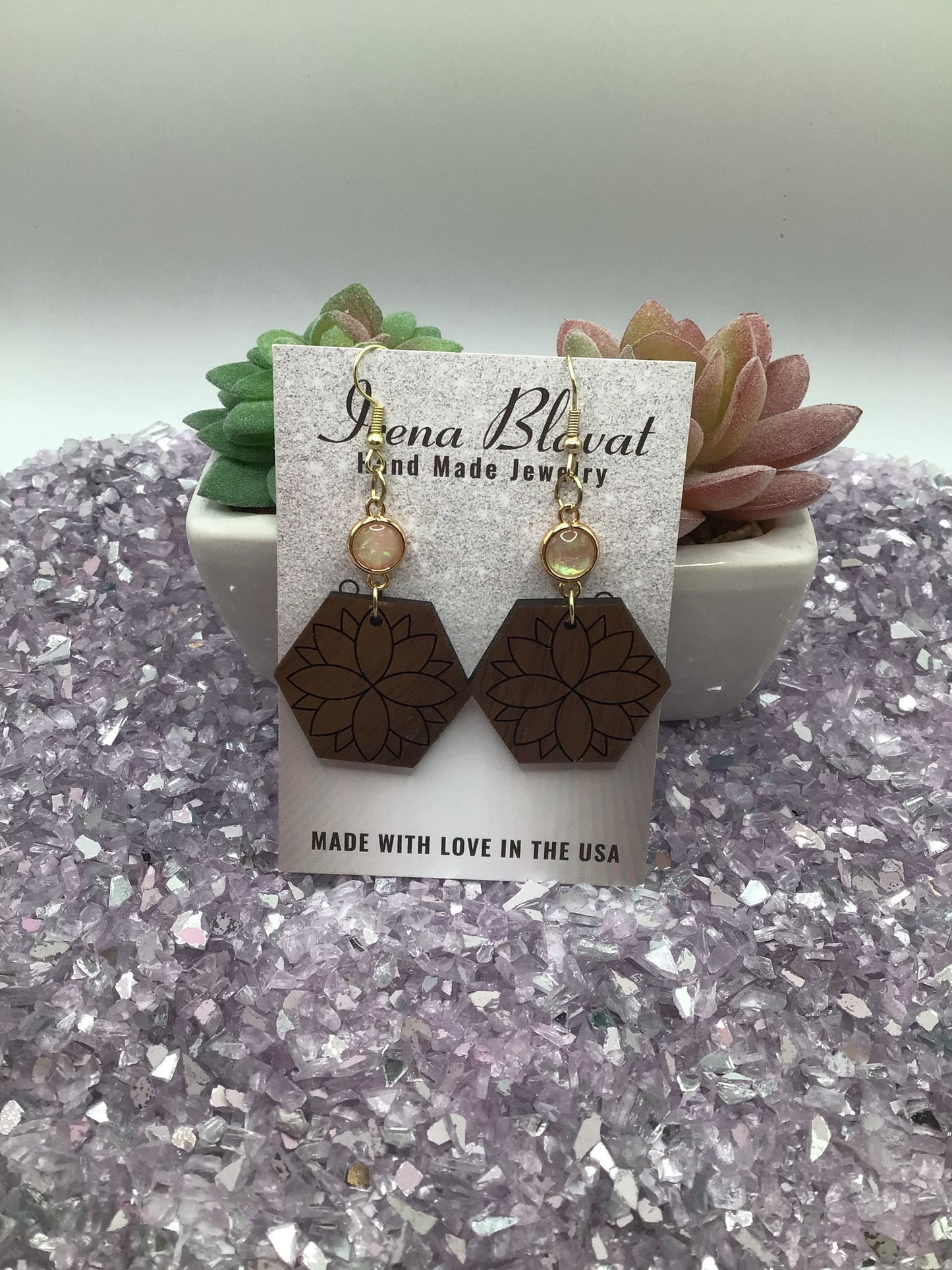 Hexagon Flower Wooden Earrings with Resin Light Pink Opal