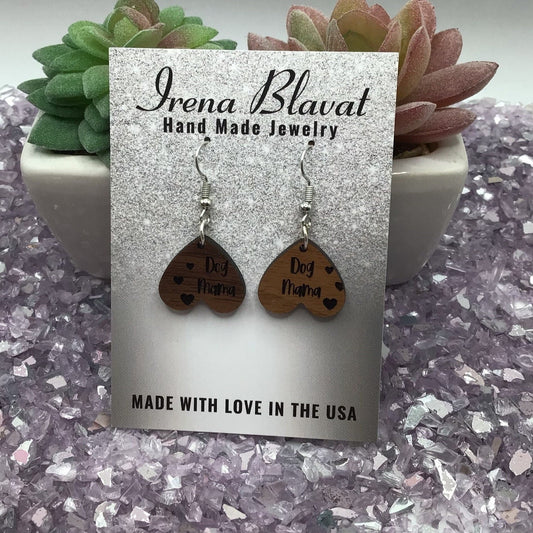 Dog Mama Heart Wood Earrings