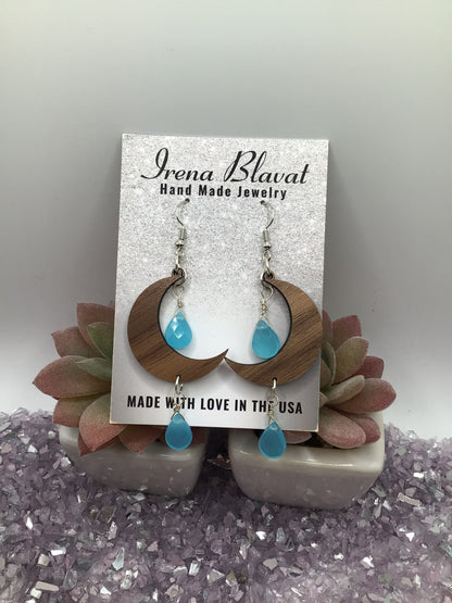 Wooden Moon, Natural Teal Chalcedony Dangly Earrings