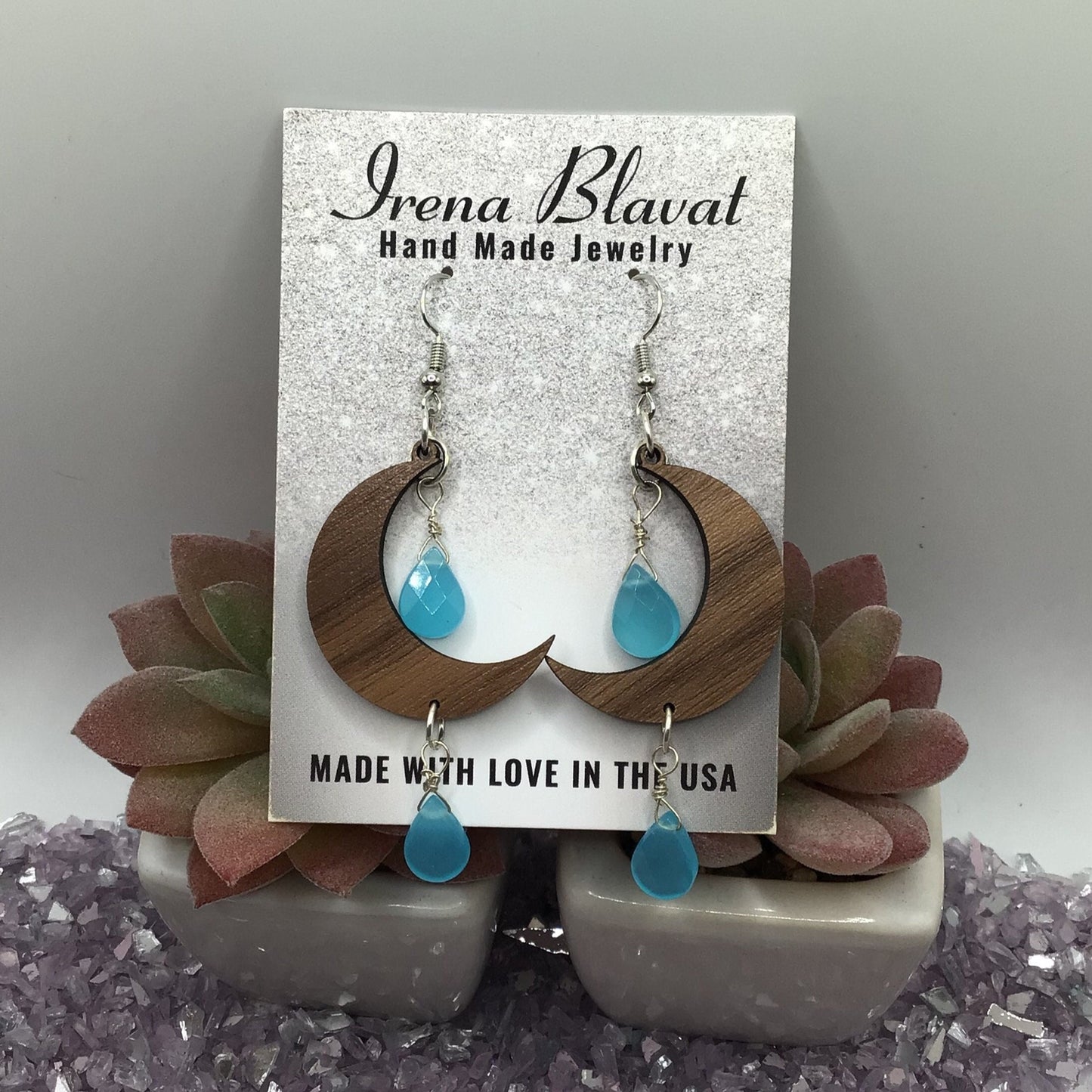 Wooden Moon, Natural Teal Chalcedony Dangly Earrings