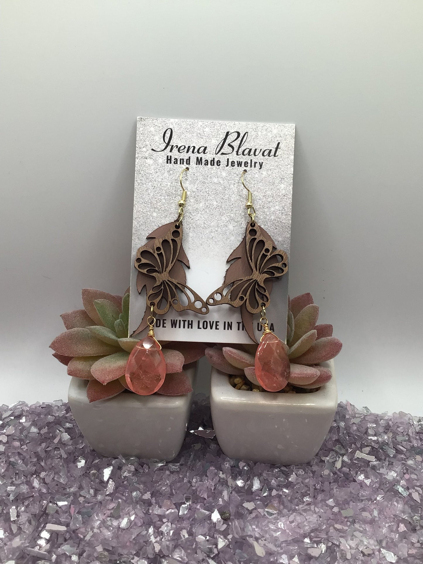 Wooden Butterfly, Dusty Rose Leather & Natural Cherry Quarts Briolette Dangly Earrings