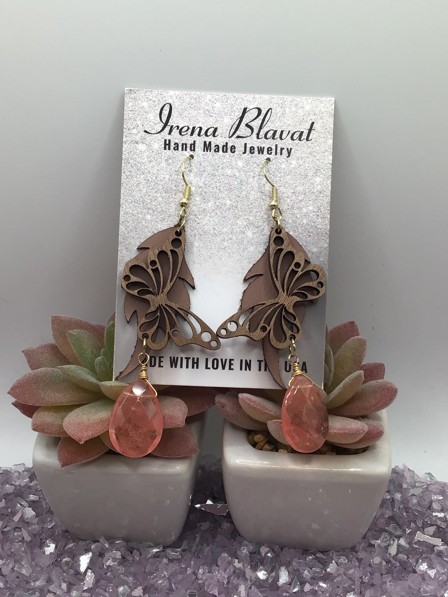 Wooden Butterfly, Dusty Rose Leather & Natural Cherry Quarts Briolette Dangly Earrings