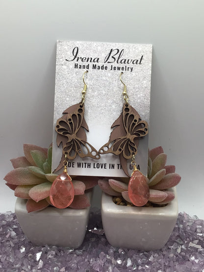 Wooden Butterfly, Dusty Rose Leather & Natural Cherry Quarts Briolette Dangly Earrings