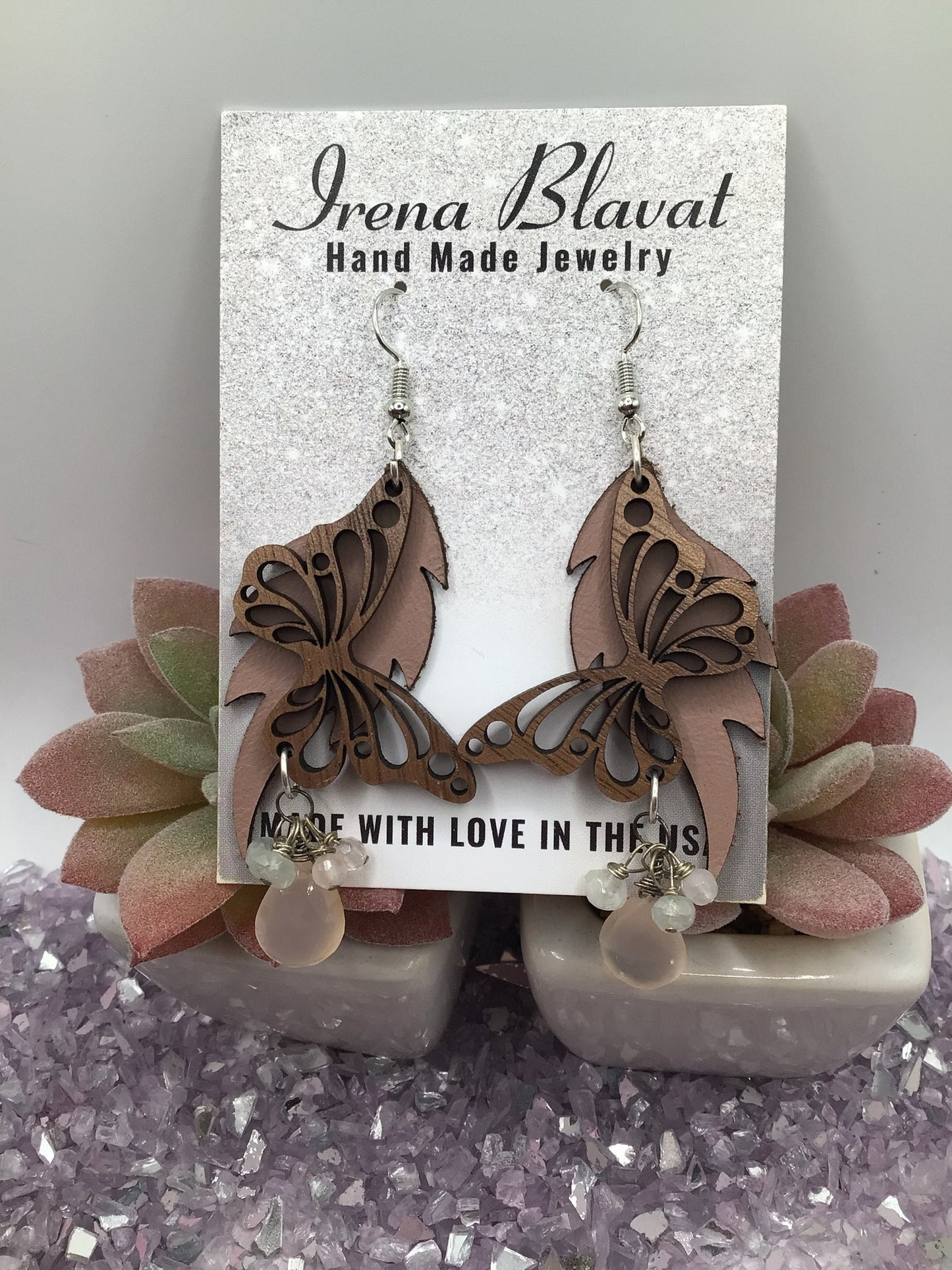 Wooden Butterfly, Dusty Rose Leather & Natural Pink Chalcedony Briolette Dangly Earrings
