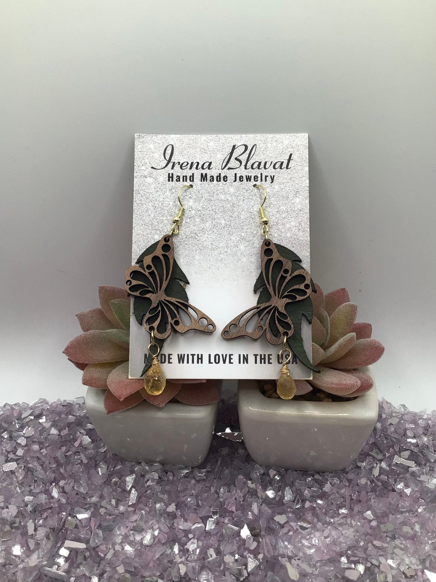 Wooden Butterfly, Hunter Green Leather & Natural Yellow Quarts Briolette Dangly Earrings