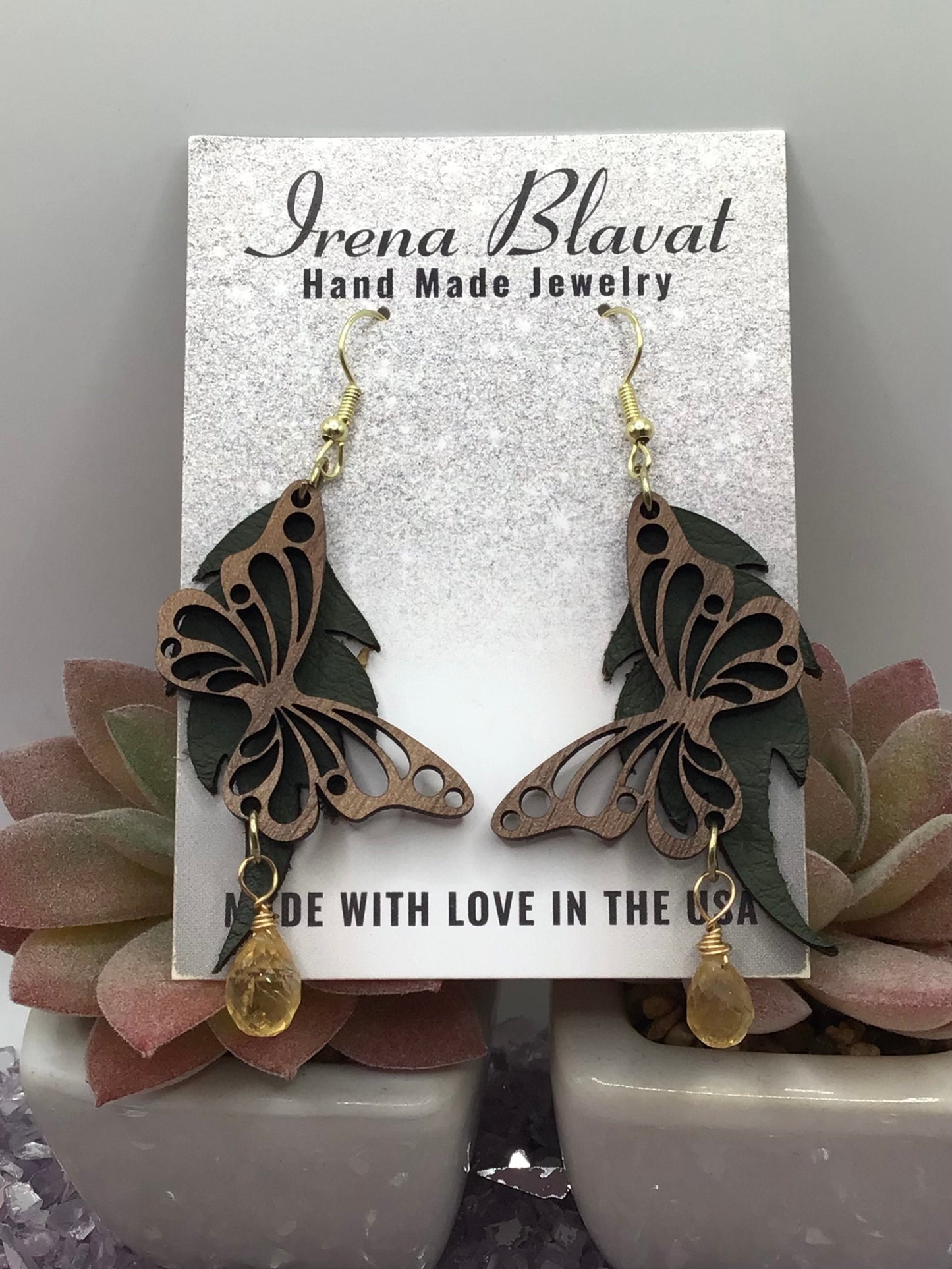 Wooden Butterfly, Hunter Green Leather & Natural Yellow Quarts Briolette Dangly Earrings