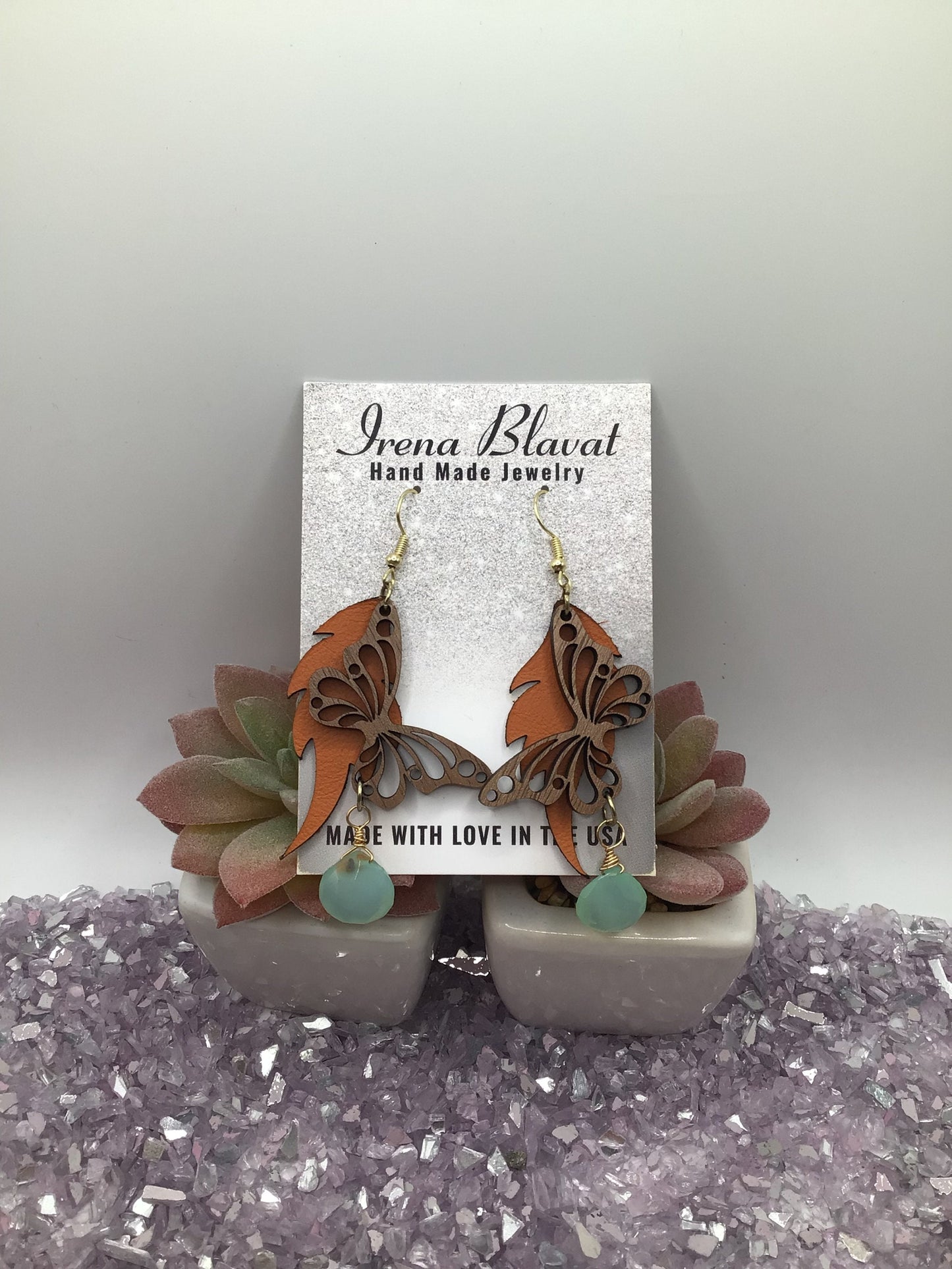 Wooden Butterfly, Burnt Orange Leather & Natural Chrysoprase Briolette Dangly Earrings