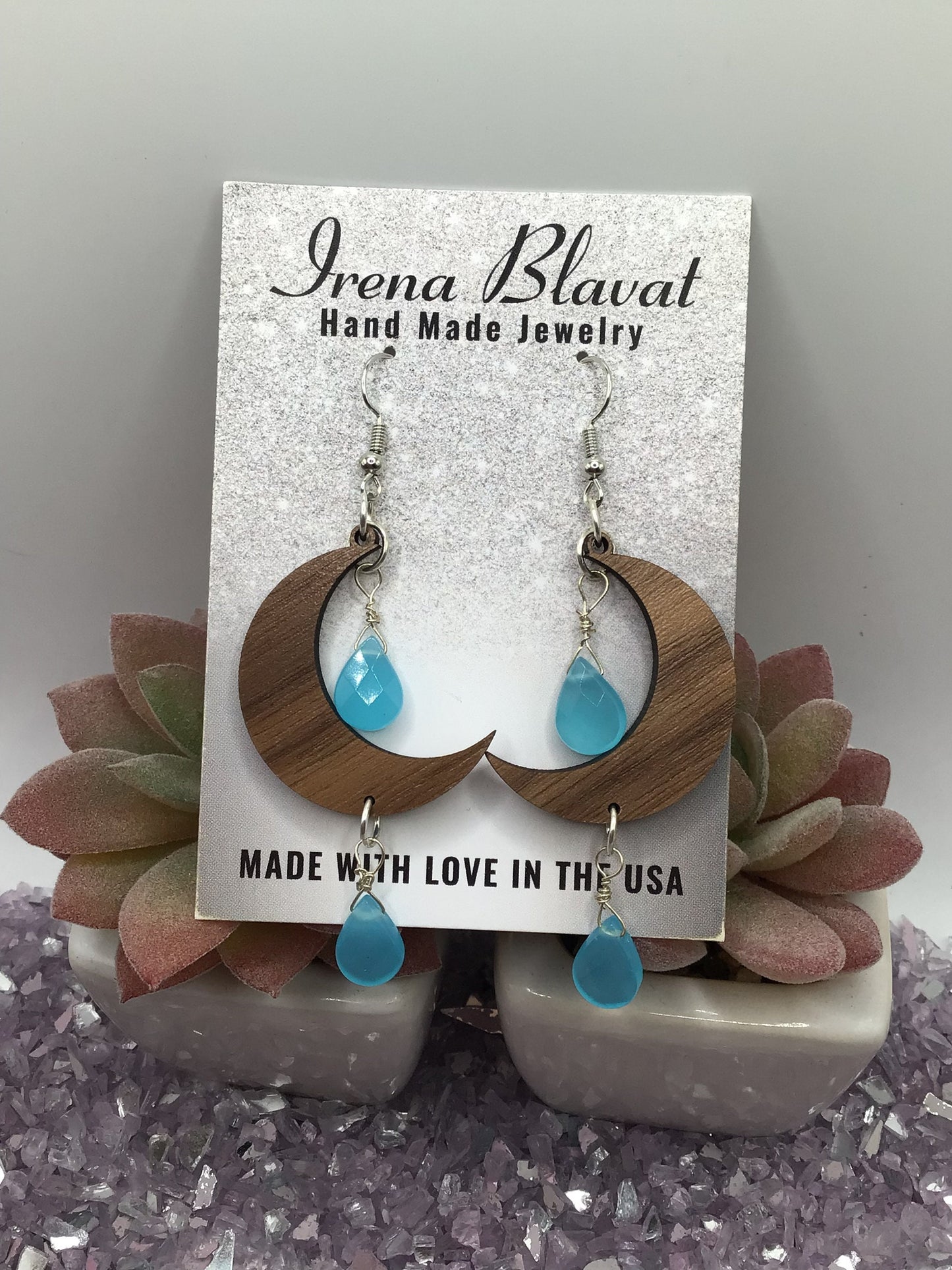 Wooden Moon, Natural Teal Chalcedony Dangly Earrings