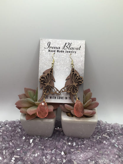 Wooden Butterfly, Dusty Rose Leather & Natural Cherry Quarts Briolette Dangly Earrings