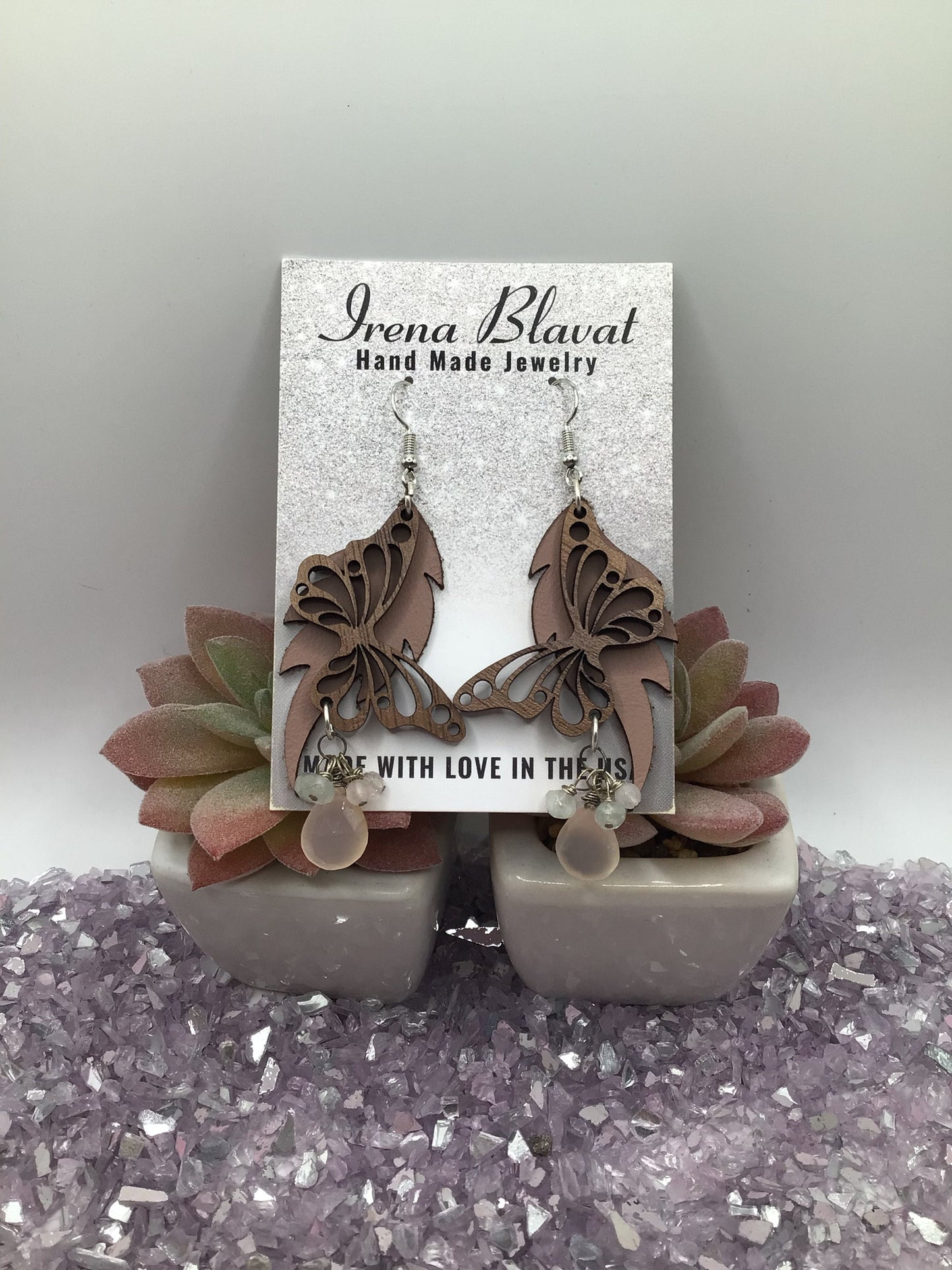 Wooden Butterfly, Dusty Rose Leather & Natural Pink Chalcedony Briolette Dangly Earrings