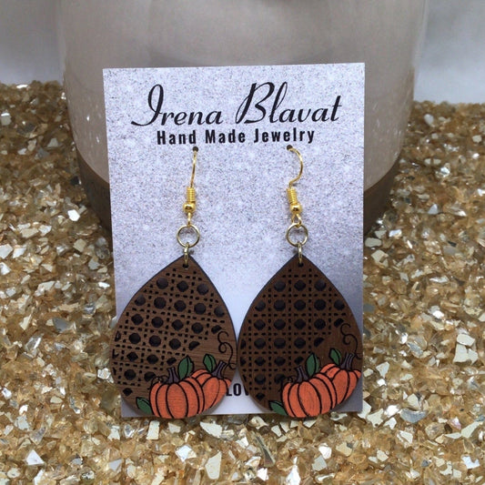 Pumpkin Fall Drop Earrings, Wooden Hand Painted Earrings