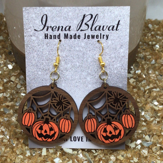 Spooky Pumpkin & Spider Halloween Wooden Hand Painted Earrings